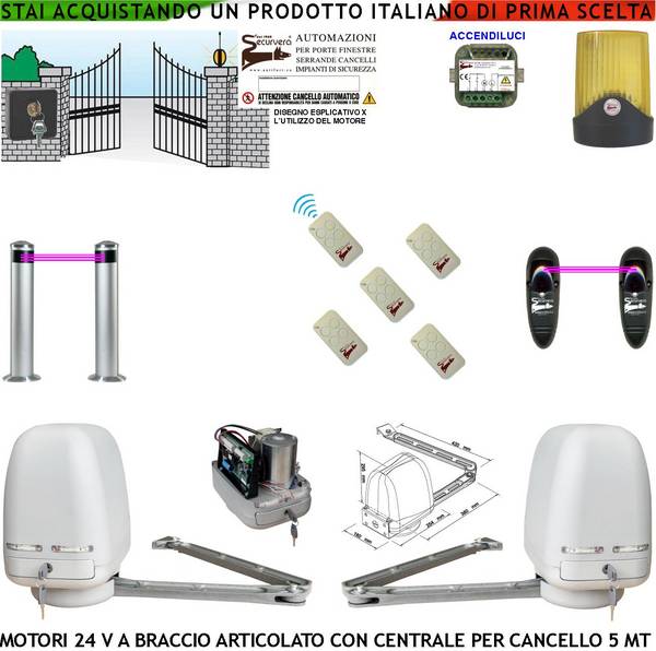 Automazione Cancello Kit Motori Braccio Articolato 24 V 2 Ante da 1 a 2,5 MT Centrale 220/24 V Faro Selettore 5 Radioc