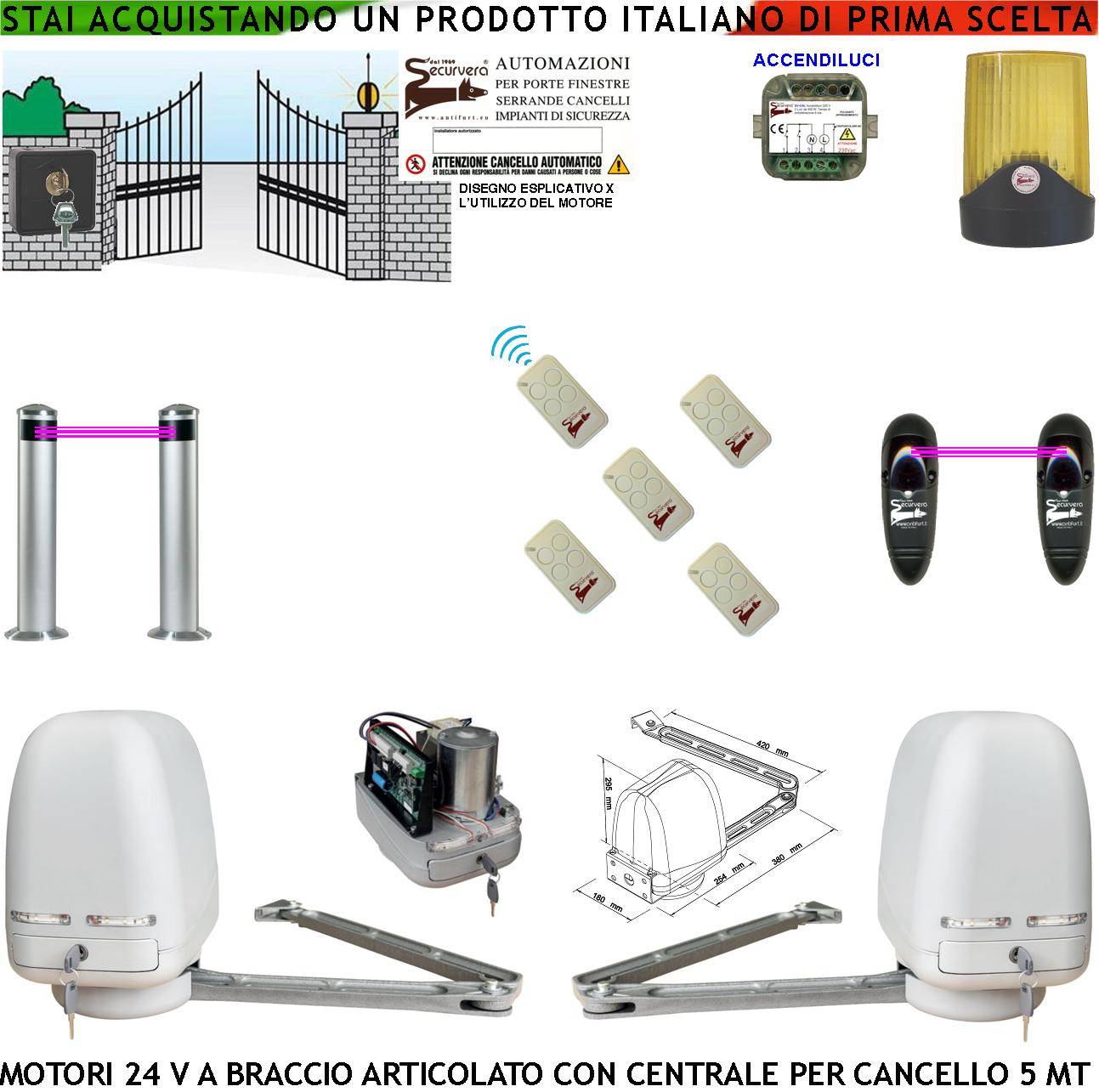 Automazione Cancello Kit Motori Braccio Articolato 24 V 2 Ante da 1 a 2,5 MT Centrale 220/24 V Faro Selettore 5 Radioc-0