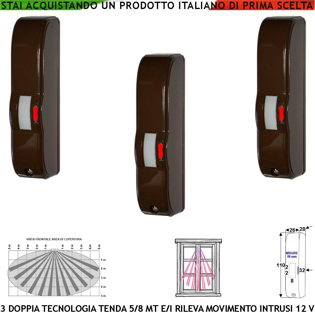 Evita Furto Tre Doppia Tecnologia a Tenda Marrone Infrarosso e Microonda Portata 5 MT Vano Finestra Interno Corridoio-0