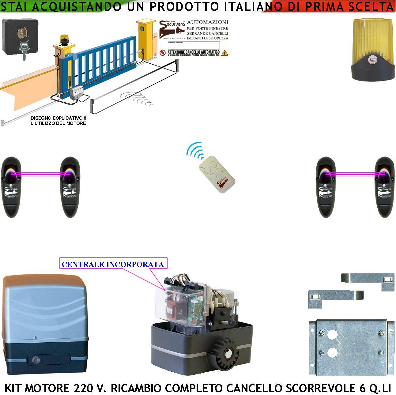 Motore 230 V Con Centrale per Cancello Scorrevole Traina 6 Q.li Radiocomando Faro Selettore 2 Coppie Fotocellule Pigno-0
