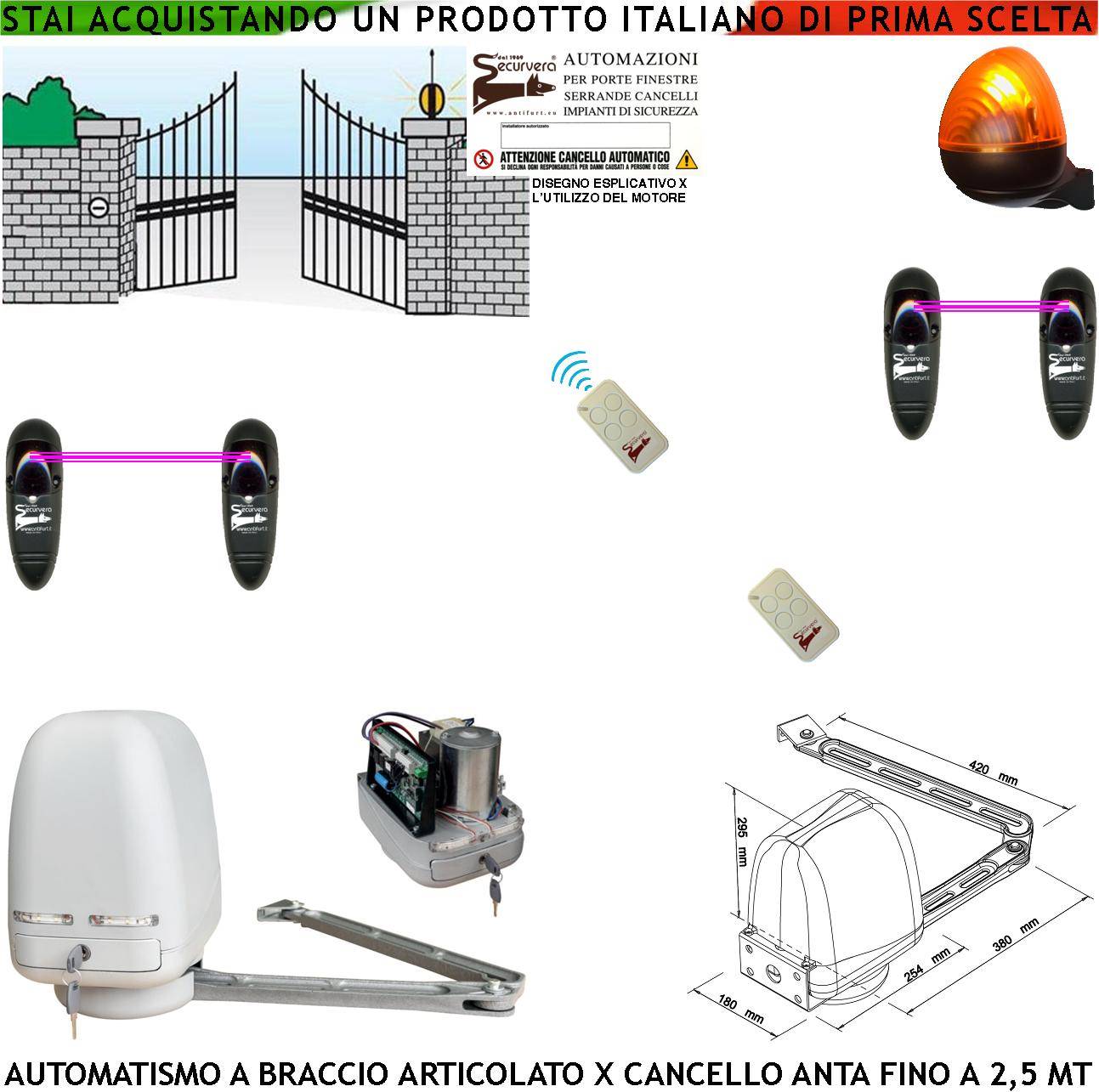 KIT MOTORE A BRACCIO ARTICOLATO 220/24 V CANCELLO AUTOMATICO ANTA BATTENTE DA 0,5 A 2,5 MT CENTRALE 2 RADIOCOMANDI 2 F-0