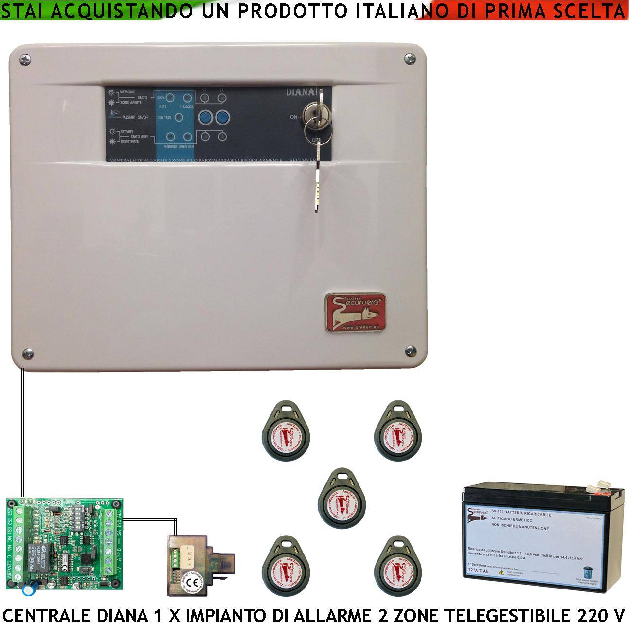 Centrale Antifurto Diana 2 Zone Batteria 12 V 7 Ah 5 Chiavi TAG 2 Meccaniche Impianto Filo. Gestisce Sensori Ingresso-0