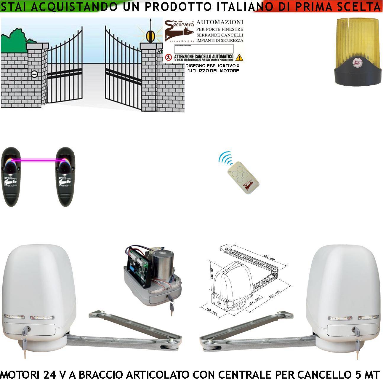 Automatismo Cancello Kit Motori Braccio Articolato 24 V 2 Ante da 0,5 a 2,5 MT Centrale 220/24 V Faro Coppia Fotocellu-0