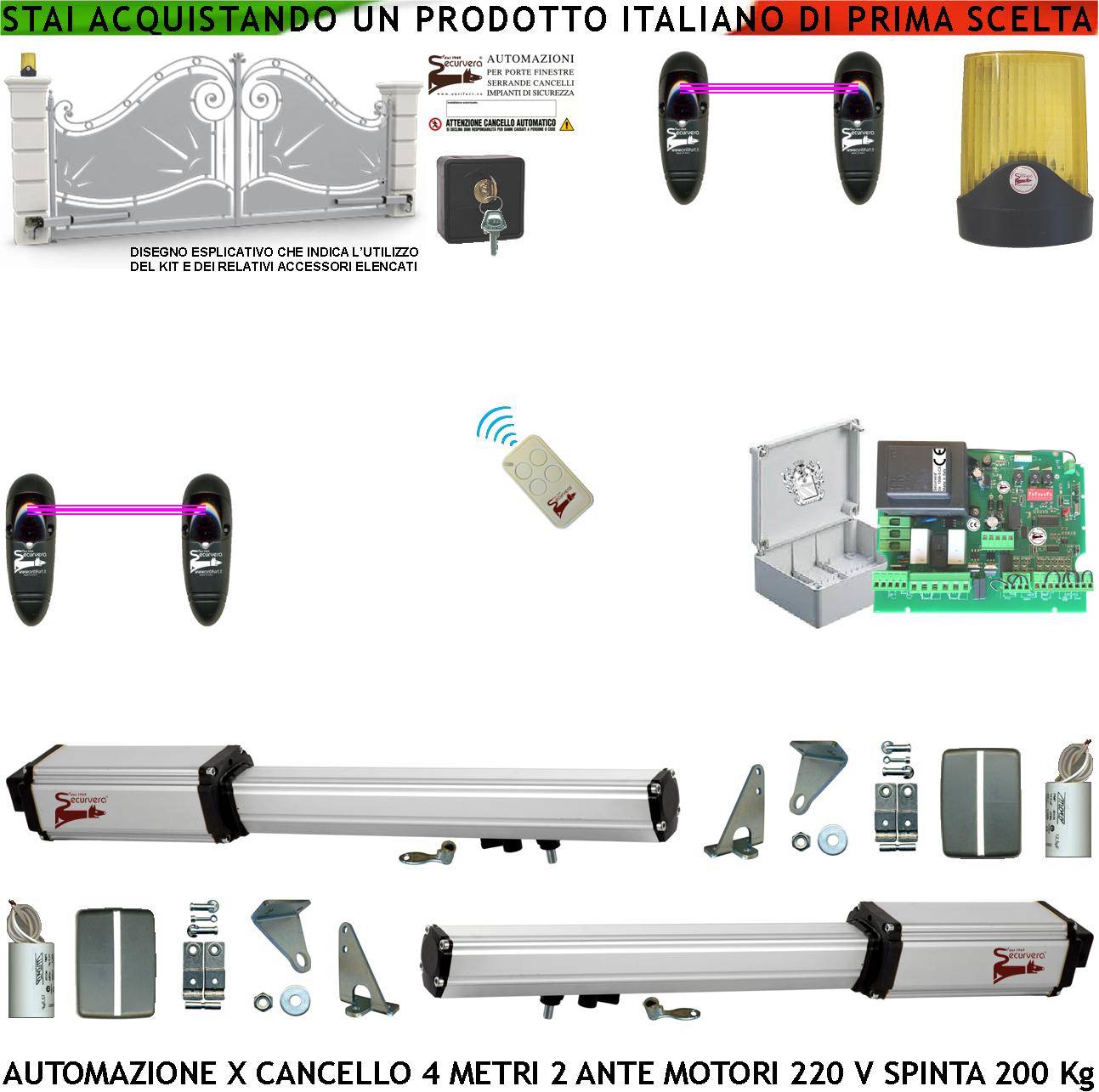 Apricancello Elettrico 4 Metri 2 Ante da 2 MT Kit 2 Motori Elettromeccanici 230 V Corsa 300 mm Spinta 2 Q.li Sblocco S-0