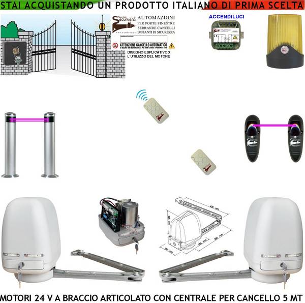 Cancello Elettrico Kit Motori a Braccio Articolato 24 V 2 Ante da 1 a 2,5 MT Centrale 220/24 V Selettore 2 Radiocomand