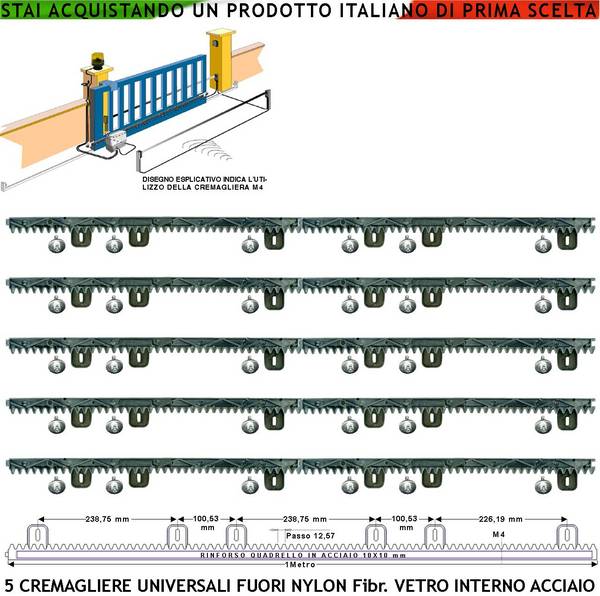 Kit Cremagliera M4 Antiusura Universale 5 Pezzi da 1 Metro in Nylon Antirumore Interno Acciaio Portata Garantita 6 Q.l