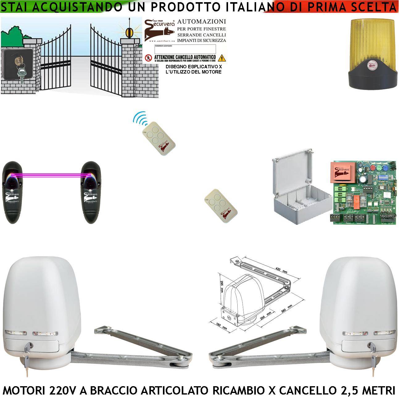 Apricancello 2 Motori Braccio Snodato Articolato 220 V Cancello Automatico 5 MT 2 Ante da 0,5 Fino a 2,5 Metri Central-0
