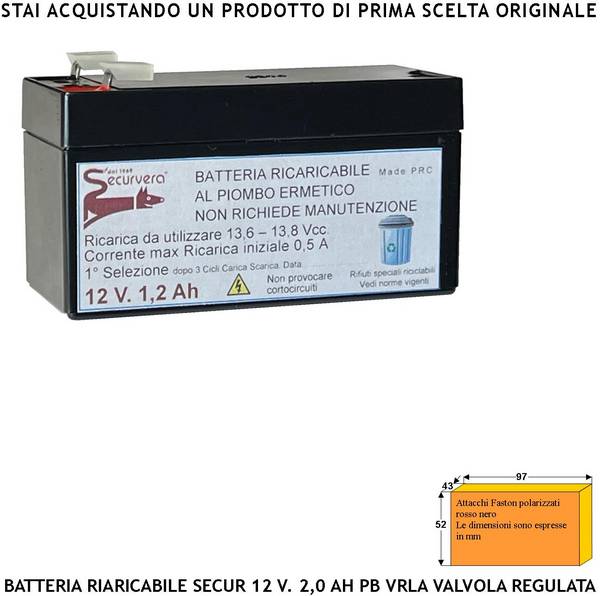 Batteria Accumulatore 12 V 1,2 Ah Pb Ermetica VRLA Regolata da Valvola Collegamento Tramite 2 Faston 5 mm Polarizzati