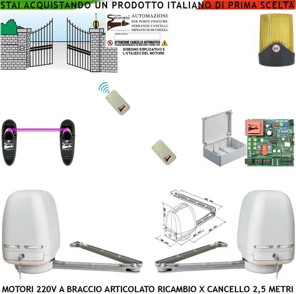 Cancello Elettrico 2 Motori a Braccio Articolato 220 V Spinta 250 NM per 2 Ante da da 0,5 a 2,5 Metri Centrale 2 Radio