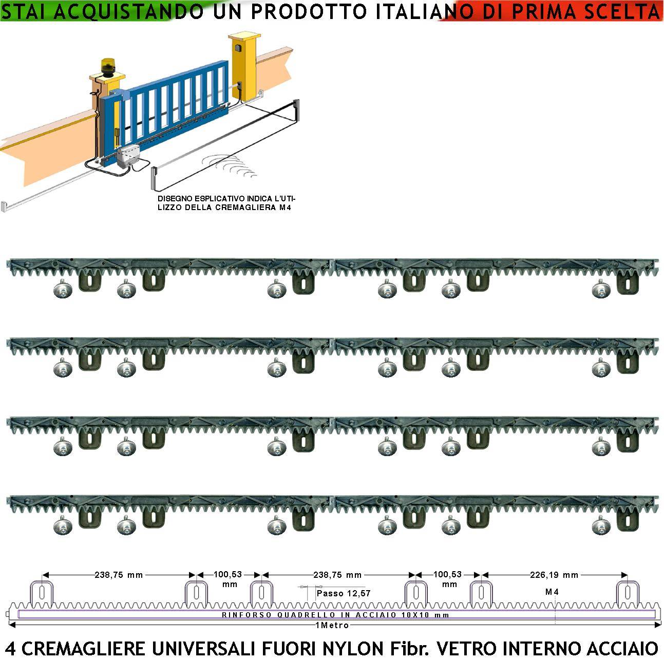 Kit Cremagliera Universale M4 Antiusura 4 Pezzi da 1 Metro in Nylon Antirumore Con Anima in Acciaio Portata 6 Q.li Max-0