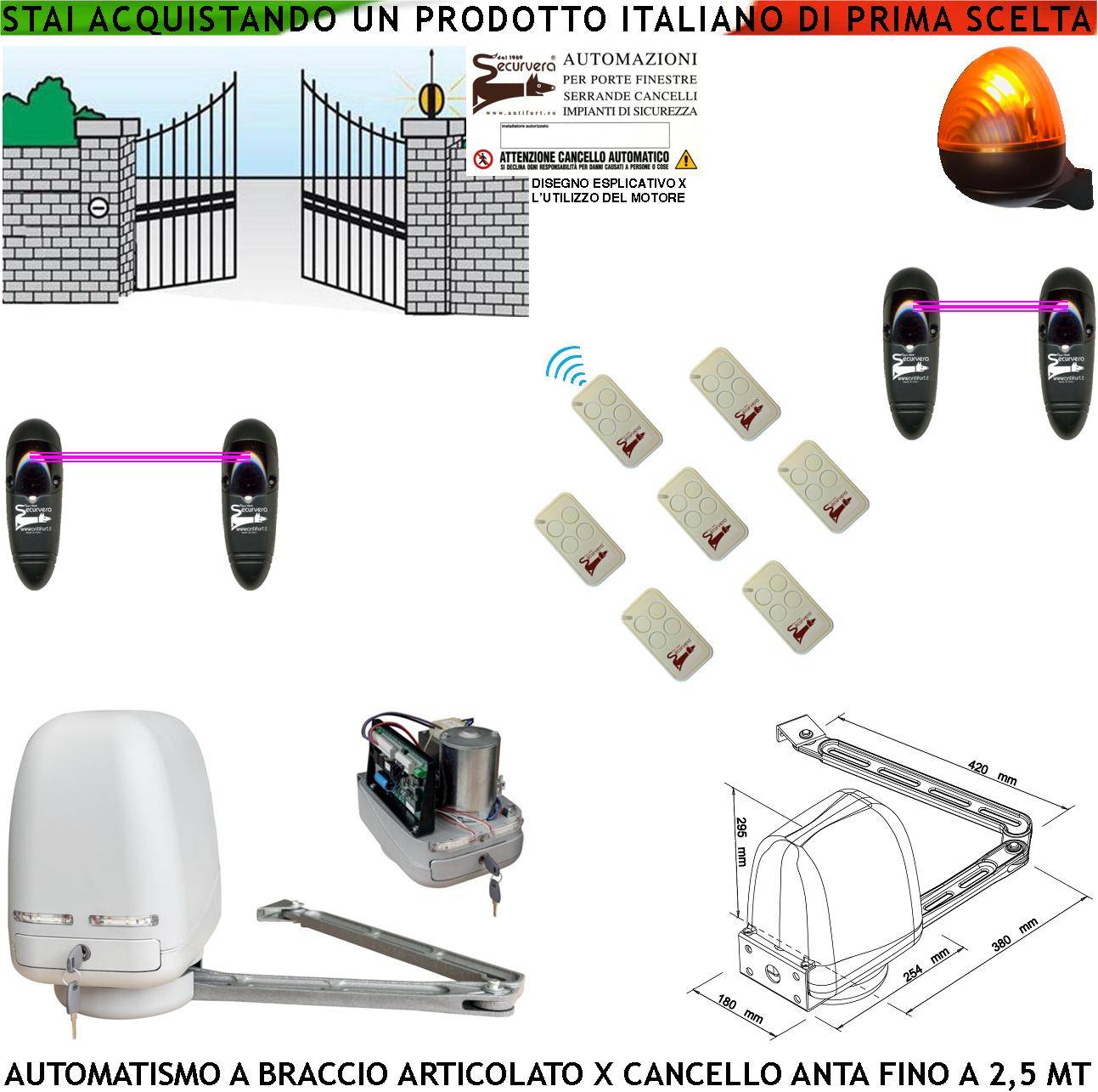 CANCELLO ELETTRICO KIT MOTORE A BRACCIO ARTICOLATO 220/24 V ANTA BATTENTE DA 0,5 A 2,5 MT CENTRALE 7 RADIOCOMANDI FARO-0