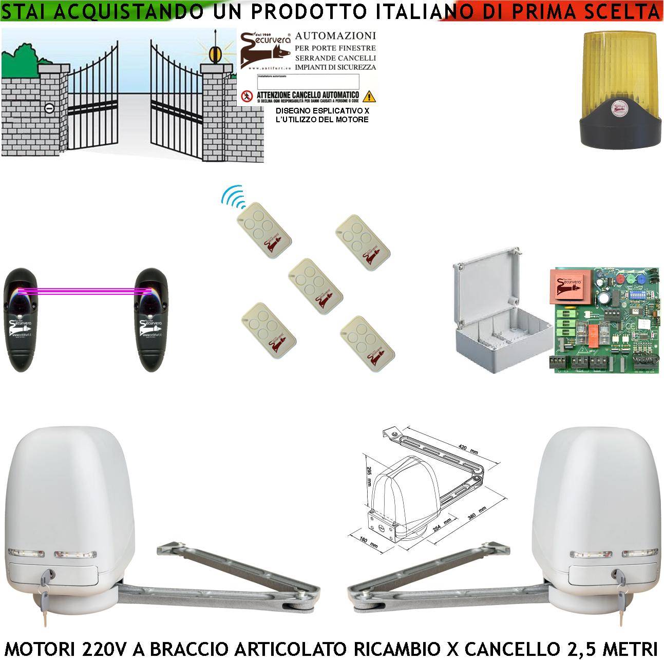 Cancello Elettrico 2 Motori a Braccio Articolato 220 V Spinta 250 NM per 2 Ante da da 0,5 a 2,5 Metri Centrale 5 Radio-0