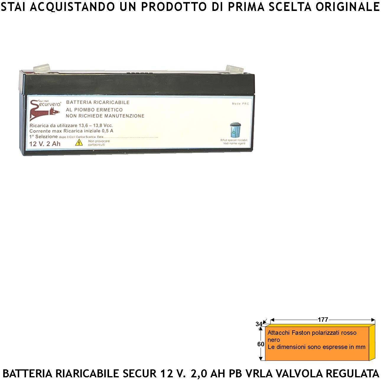 Batteria Accumulatore 12 V 2,0 Ah Pb Ermetica VRLA Regolata da Valvola Collegamento Tramite 2 Faston 5 mm Polarizzati-0
