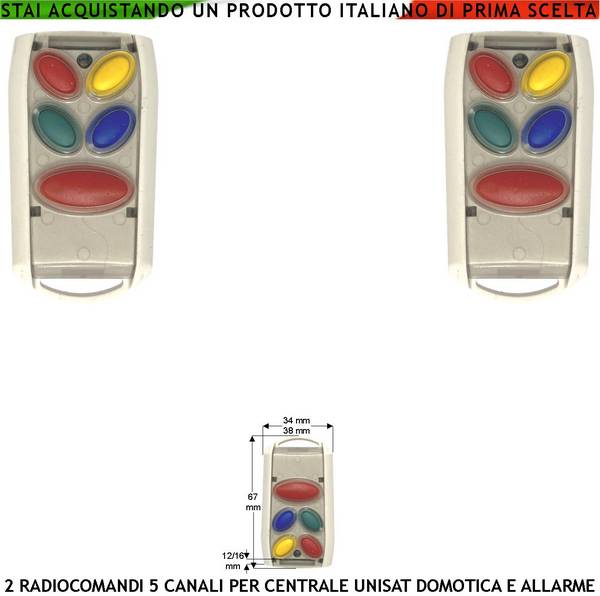 Radiocomandi 5 Canali Bidirezionali Frequenza 868 MHz 2 Pezzi Comanda la Centrale Unisat2 Attiva Disattiva Totale o Pa