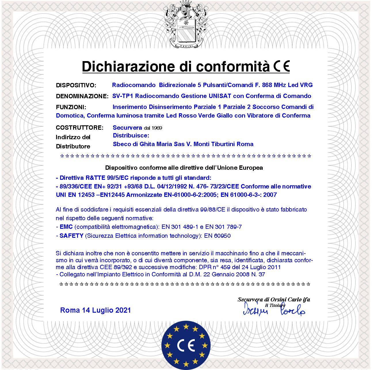 Radiocomando 5 Canali Bidirezionale Frequenza 868 MHz Gestione Semplice della Centrale Unisat2 Attivazione Disattivazi-3