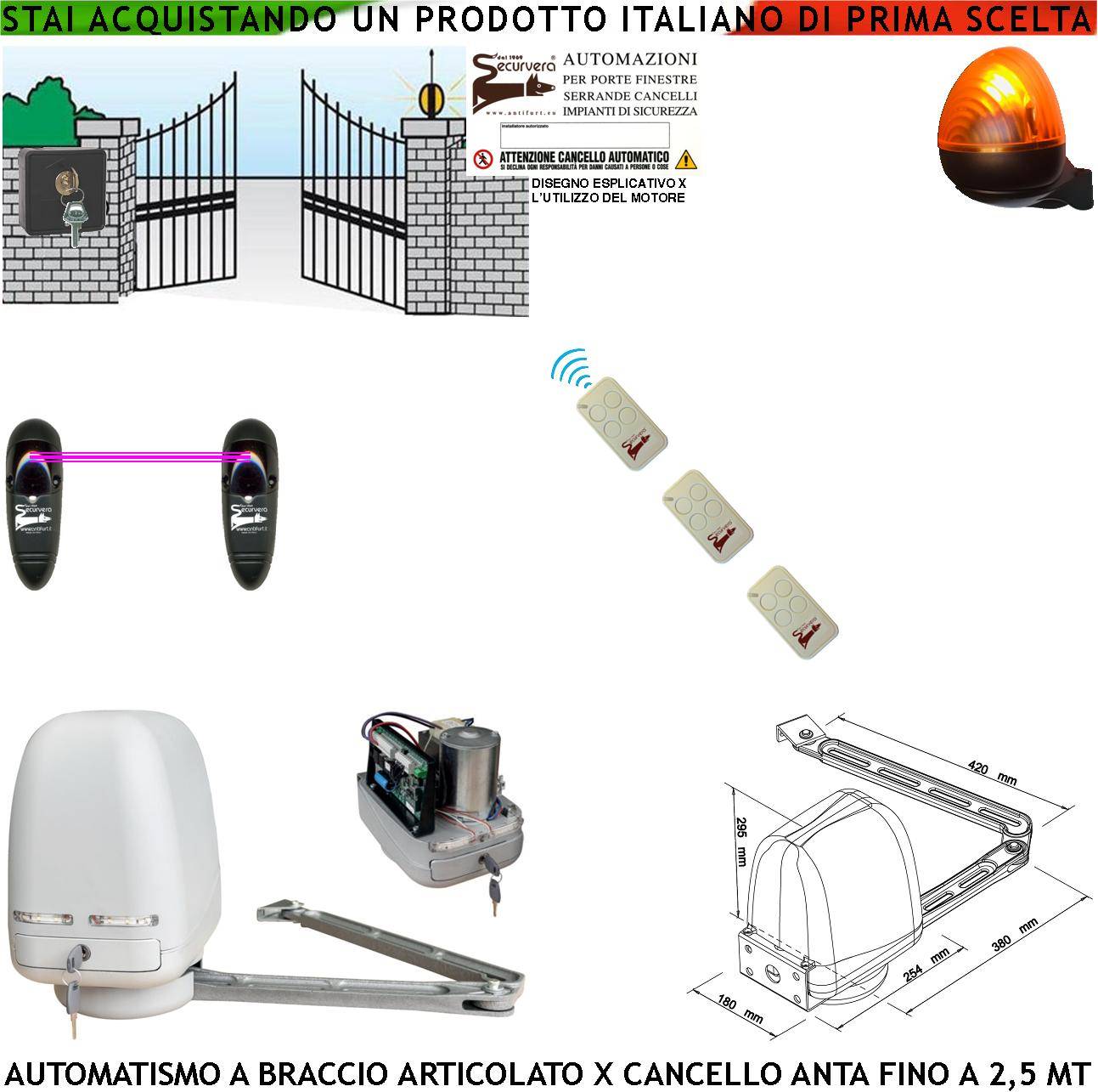 CANCELLO AUTOMATICO MOTORE A BRACCIO ARTICOLATO 220/24 V ANTA BATTENTE DA 0,5 A 2,5 MT CENTRALE 3 RADIOCOMANDI FARO SE-0