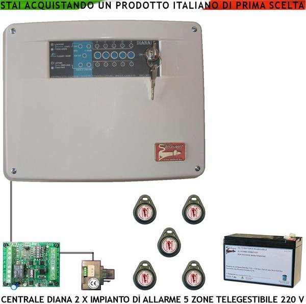 Centrale Antifurto Diana 5 Zone Batteria 12 V 7 Ah 5 Chiavi TAG 2 Meccaniche Impianto Filo. Gestisce Sensori Ingresso