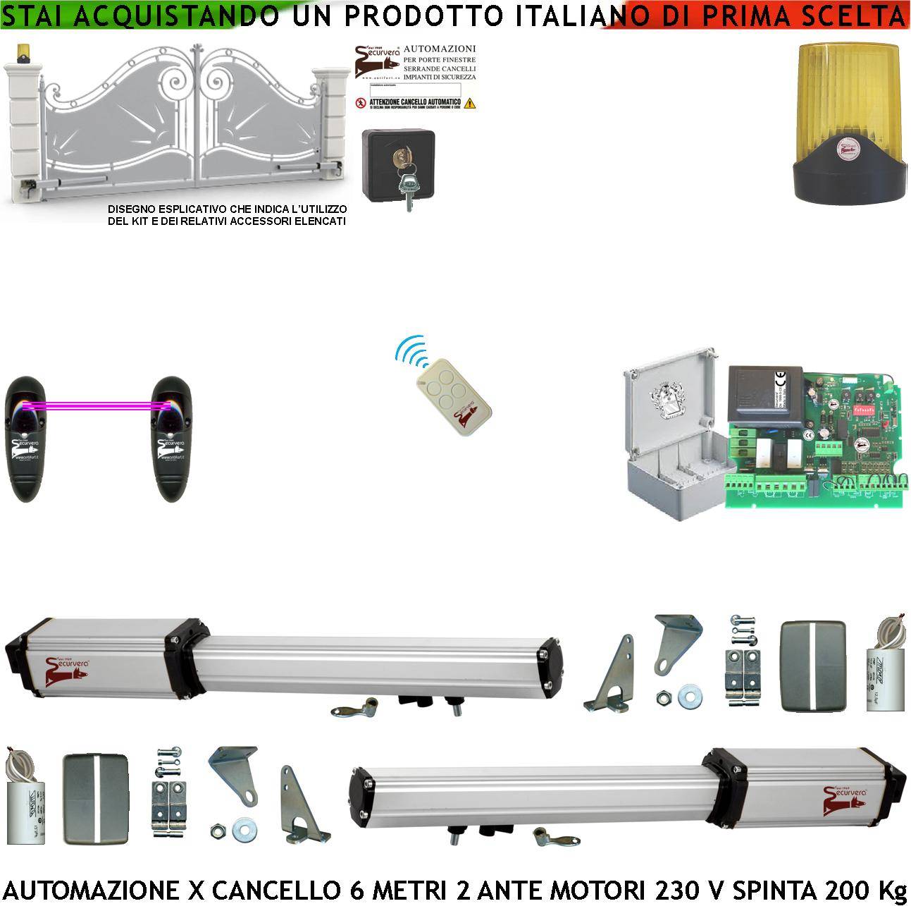 Automatismo Cancello 6 Metri 2 Ante da 3 MT Kit Motori Elettromeccanici 230 V Corsa 500 mm Spinta 2 Q.tali Staffe Radi-0