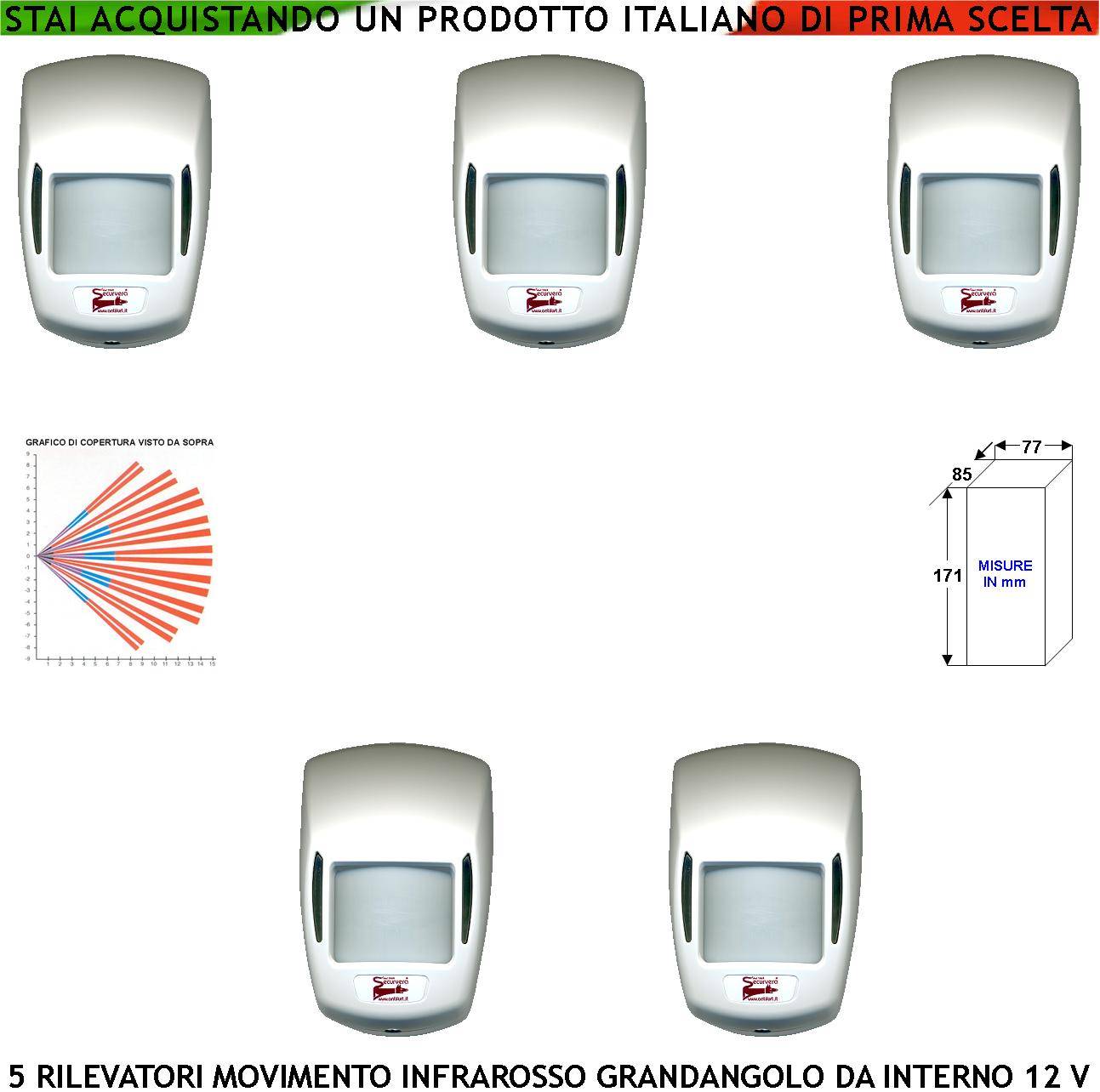 Infrarosso Passivo Grandangolo Sensore Movimento Cinque Pezzi Per Antifurto Portata 15 MT da Interno Rileva Intruso En-0