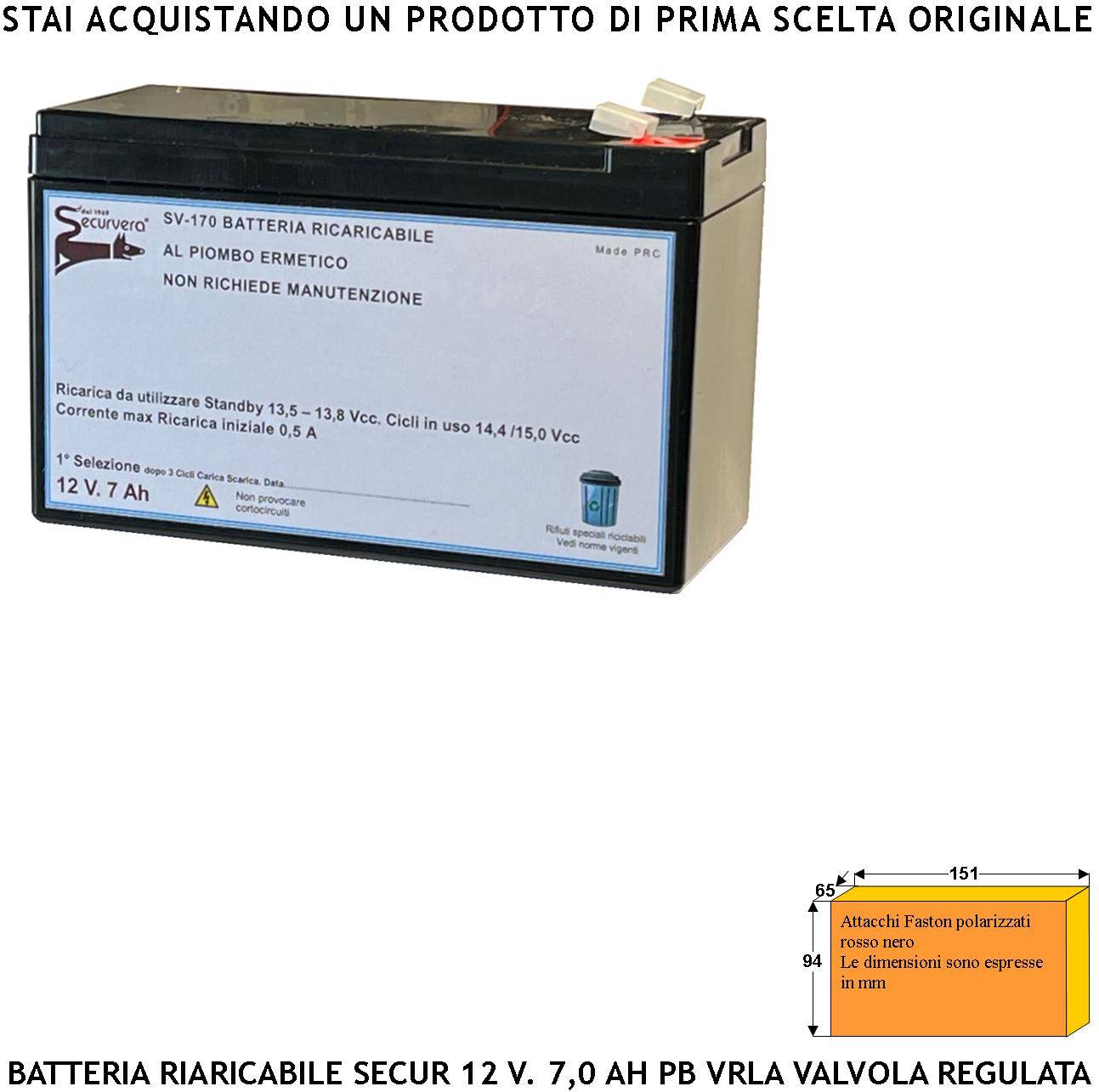 Batteria Ricaricabile 12 V 7,0 Ah Pb Ermetica VRLA Regolata da Valvola Collegamento Tramite 2 Faston 5 mm Polarizzati-0