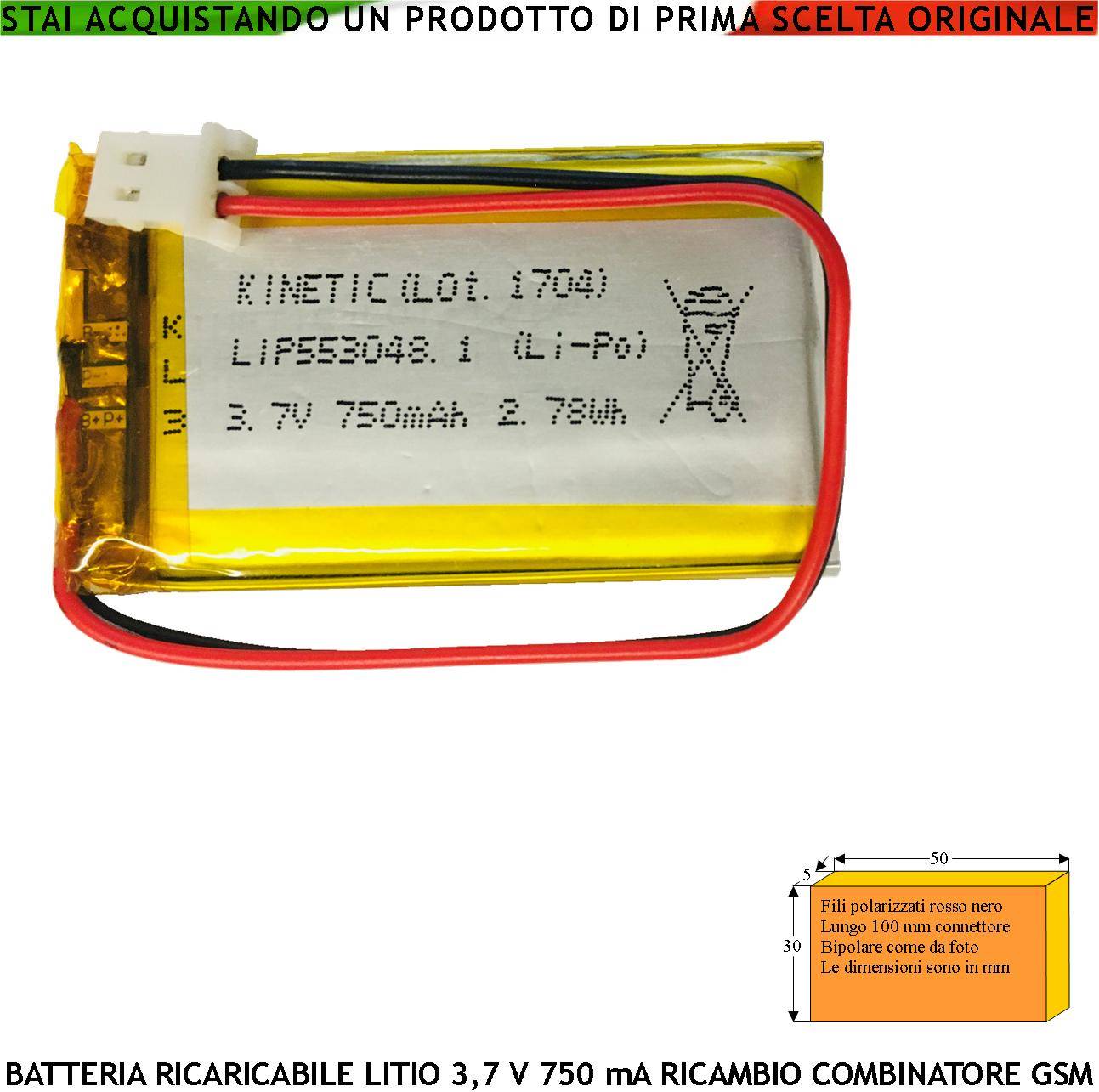Batteria Ricaricabile Tensione 3,7 V Capacità Tipica 700 mA ai Polimeri di Litio Protezione PCM e da Cortocircuito Ten-0