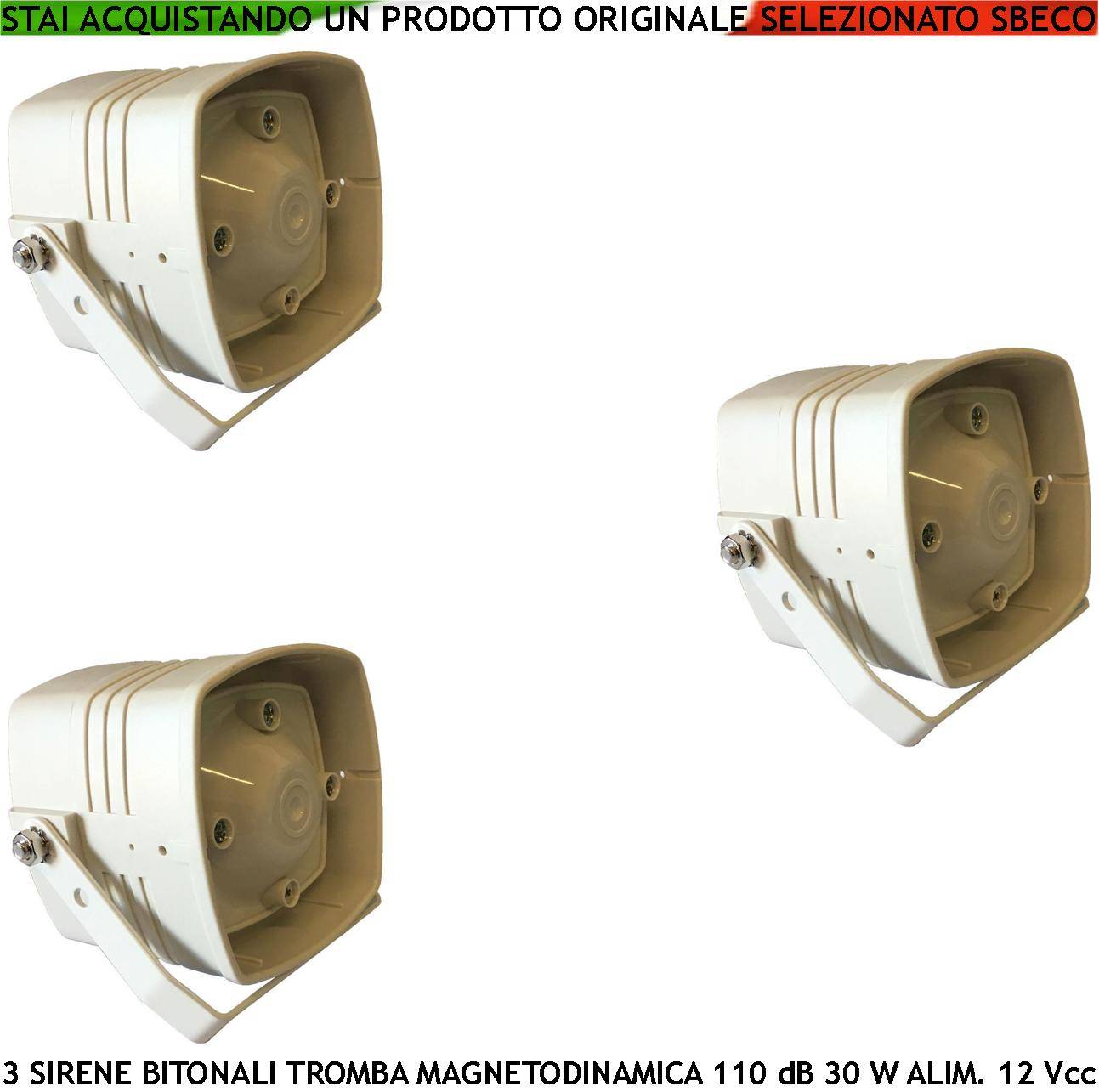 Sirena Tromba Magnetodinamica 3 Pezzi Acustica 110 dB Amplificazione 30 W Bitonale 1500 +/- 4000 Hz. Alimentazione 12-0
