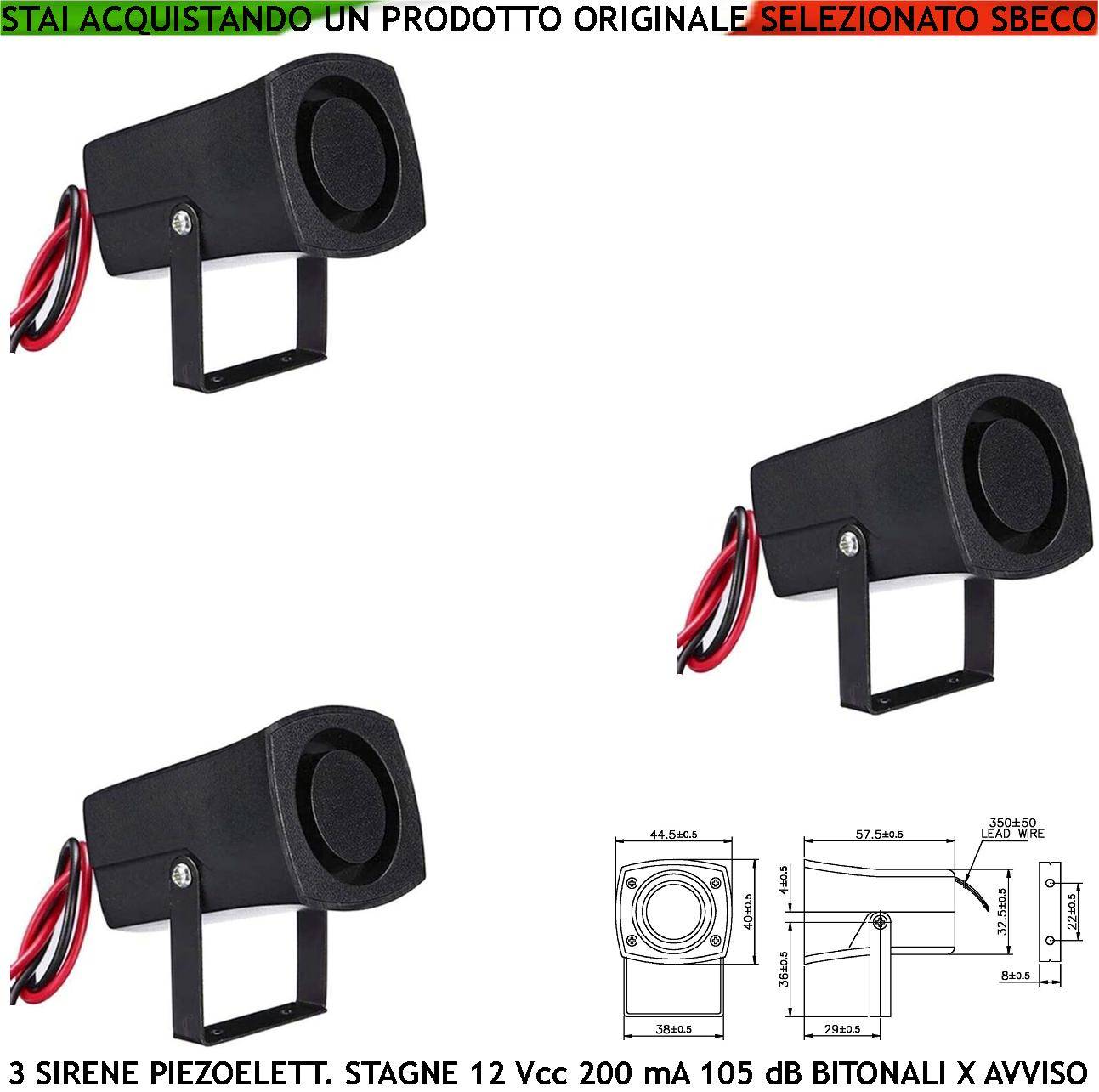 Segnalazione Anomalia Sirena Piezoelettrica Stagna 3 Pezzi 12 Vcc Assorbimento 200 mA Pressione Acustica 105 dB a 1 Me-0