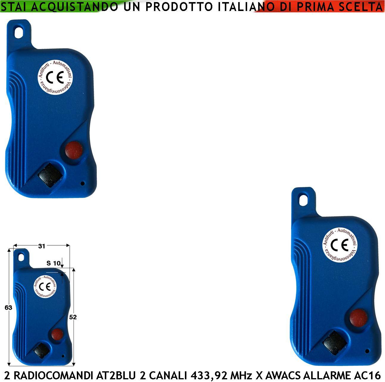 Telecomando 2 Pezzi AT2 blu Bicanale 2 Pulsanti Nero e Rosso Codici Univoci Trasmette Frequenza 433,92 MHz Gestione De-0