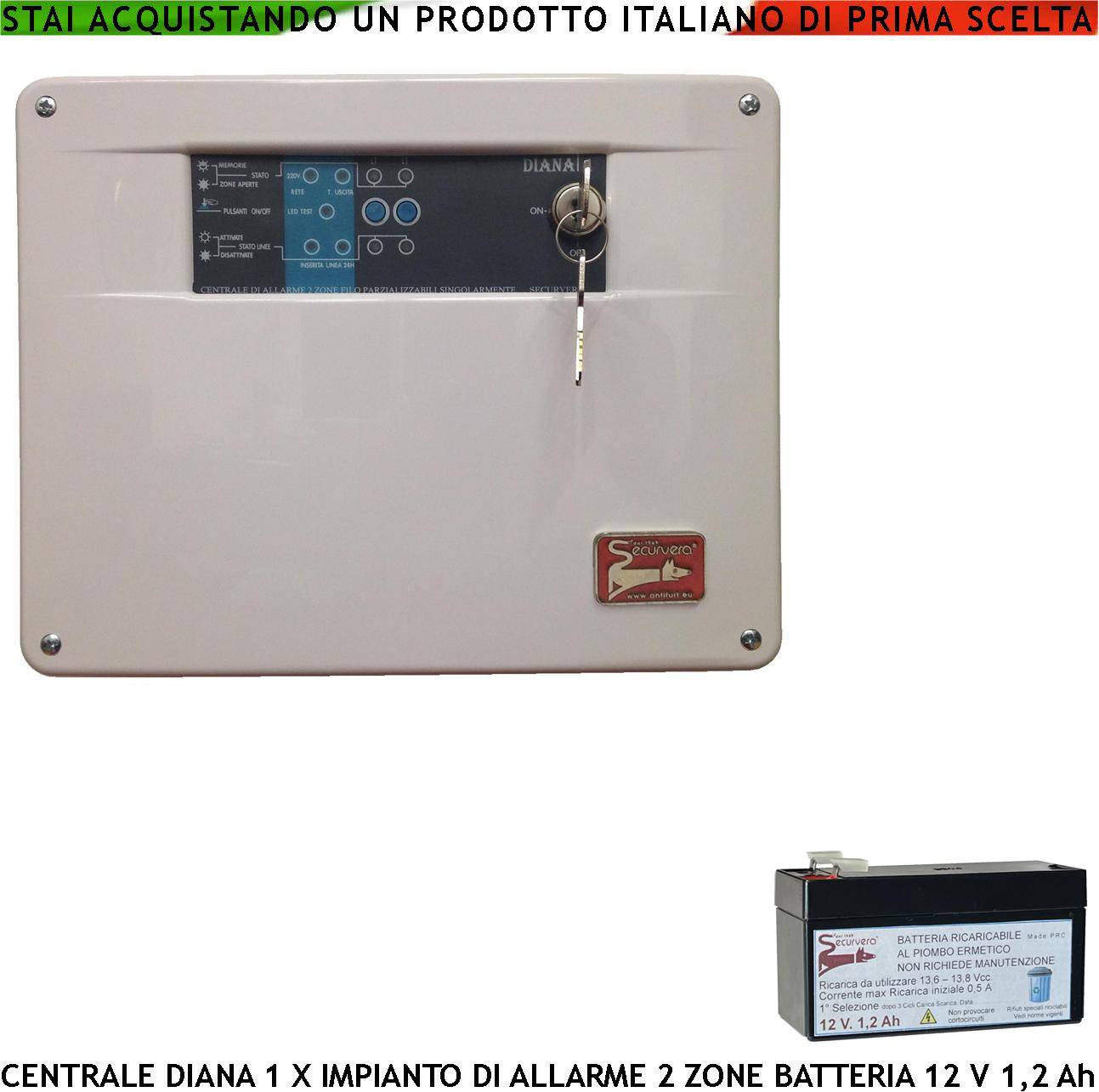 Centrale Diana Antifurto 2 Zone Batteria 12 V 1,2 Ah per Impianto di Allarme Filo. 2 Chiavi Meccaniche Gestisce Sensor-0