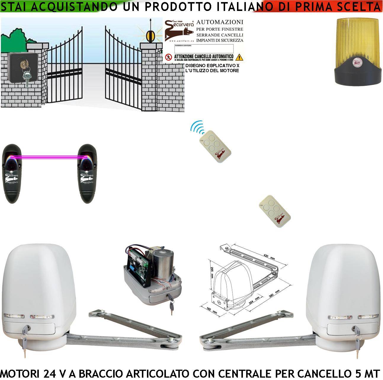 Automatismo Cancello Kit Motori Braccio Articolato 24 V 2 Ante da 0,5 a 2,5 MT Centrale 220/24 V Selettore Faro Coppia-0