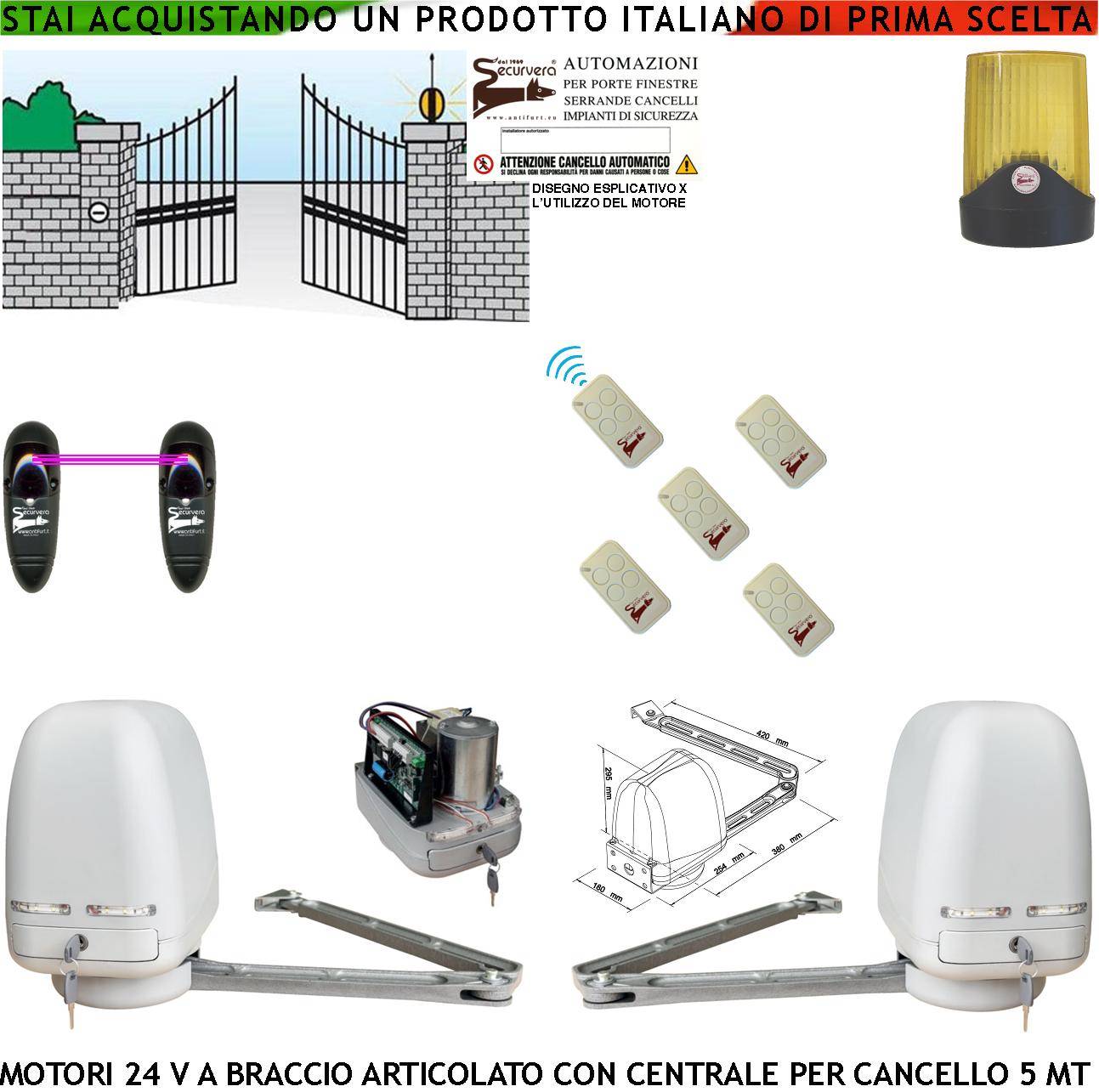 Automatismo Cancello Kit Motori Braccio Articolato 24 V 2 Ante da 0,5 a 2,5 MT Centrale 220/24 V Faro Coppia Fotocellu-0