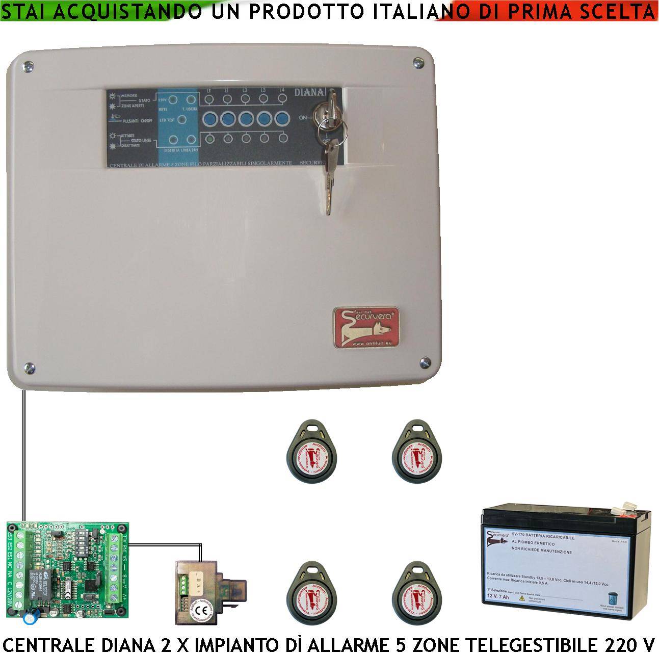 Centrale Diana Antifurto 5 Zone Batteria 12 V 7 Ah per Impianto di Allarme Filo. 4 Chiavi TAG. 2 Meccaniche Gestisce S-0