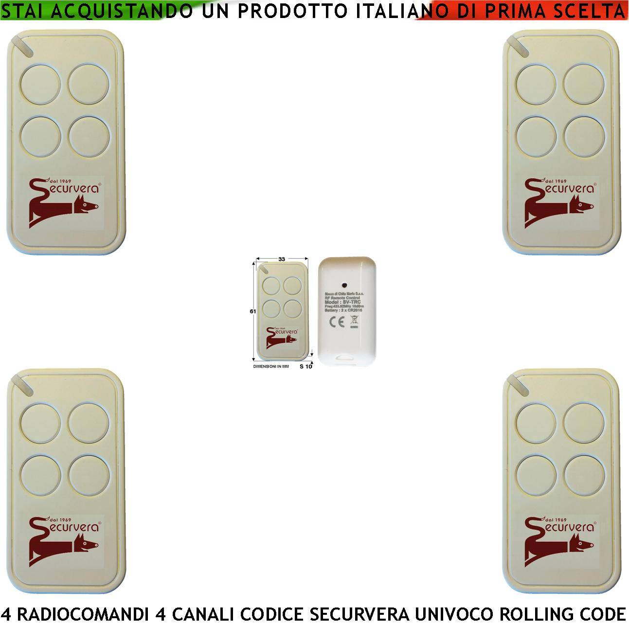 Telecomando Quadricanale 4 Pezzi Frequenza di Trasmissione 433,92 MHz Potenza Trasmessa 1 mW Codifica di Sicurezza Uni-0