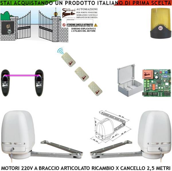 Apricancello 2 Motori Braccio Snodato Articolato 220 V Cancello Automatico 5 MT 2 Ante da 0,5 Fino a 2,5 Metri Central