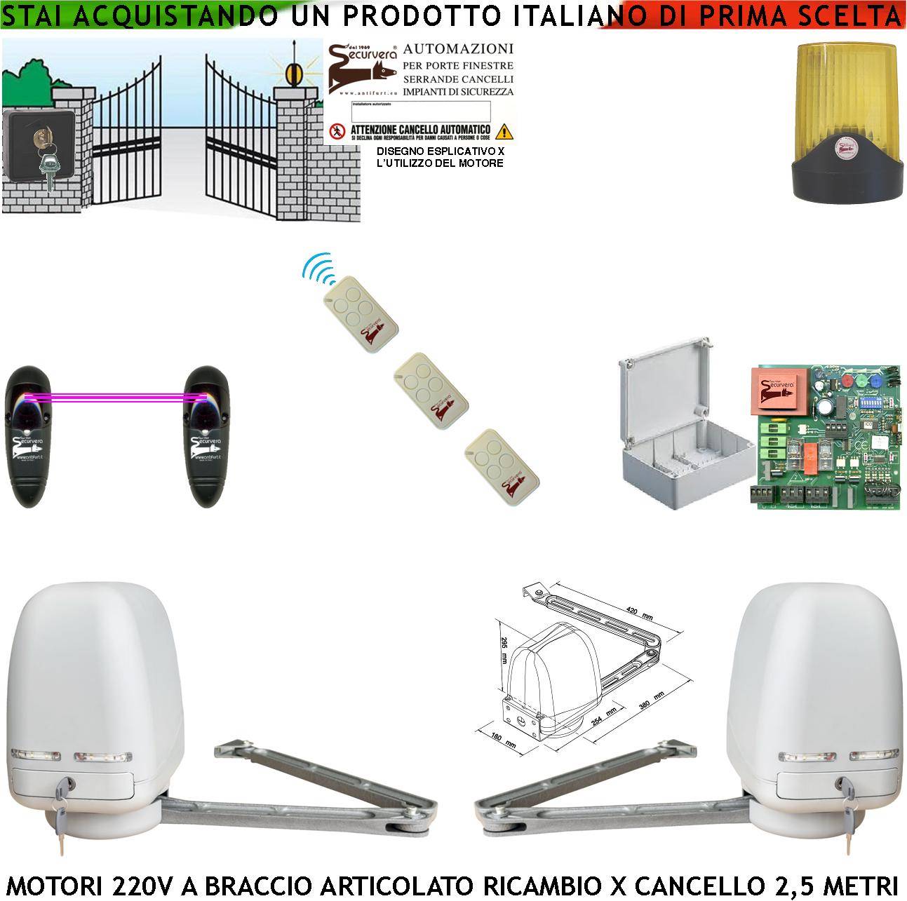 Apricancello 2 Motori Braccio Snodato Articolato 220 V Cancello Automatico 5 MT 2 Ante da 0,5 Fino a 2,5 Metri Central-0