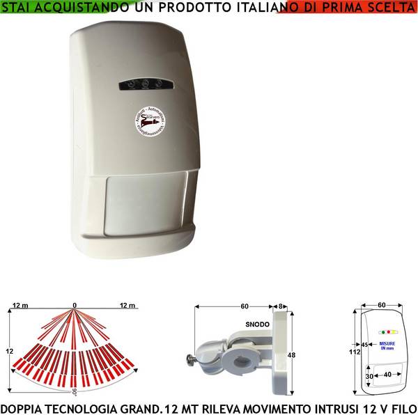 Rilevatore Movimento Doppia Tecnologia Grandangolo Per Antifurto Portata 12 MT da Interno Rileva Intrusi Aliment. 12 V
