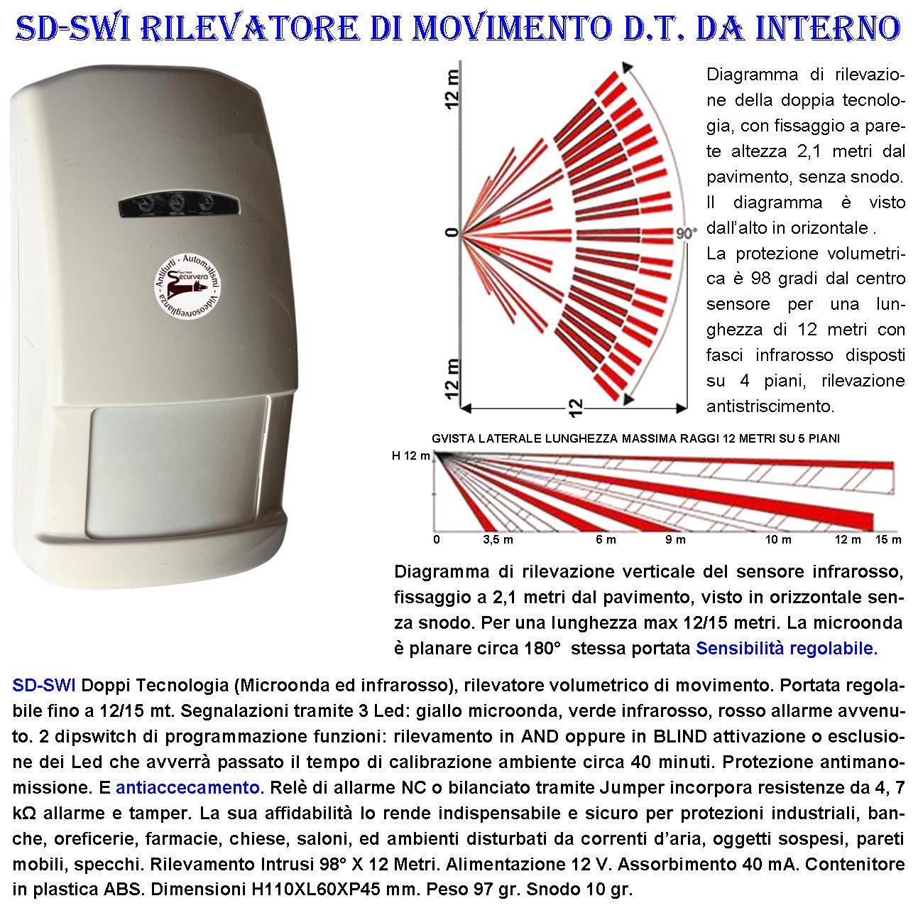 Rilevatore Movimento Doppia Tecnologia Grandangolo Per Antifurto Portata 12 MT da Interno Rileva Intrusi Aliment. 12 V-1