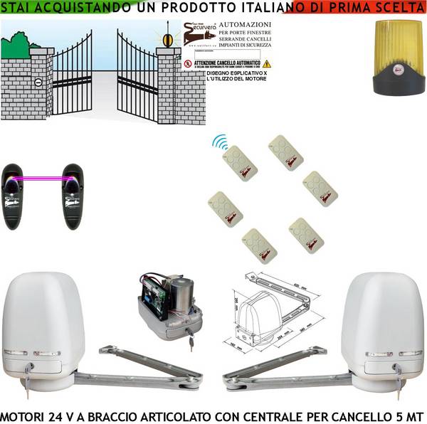 Cancello Automatico Kit Motori a Braccio Articolato 24 V 2 Ante da 0,5 a 2,5 MT Centrale 220/24 V 6 Radiocomandi Faro