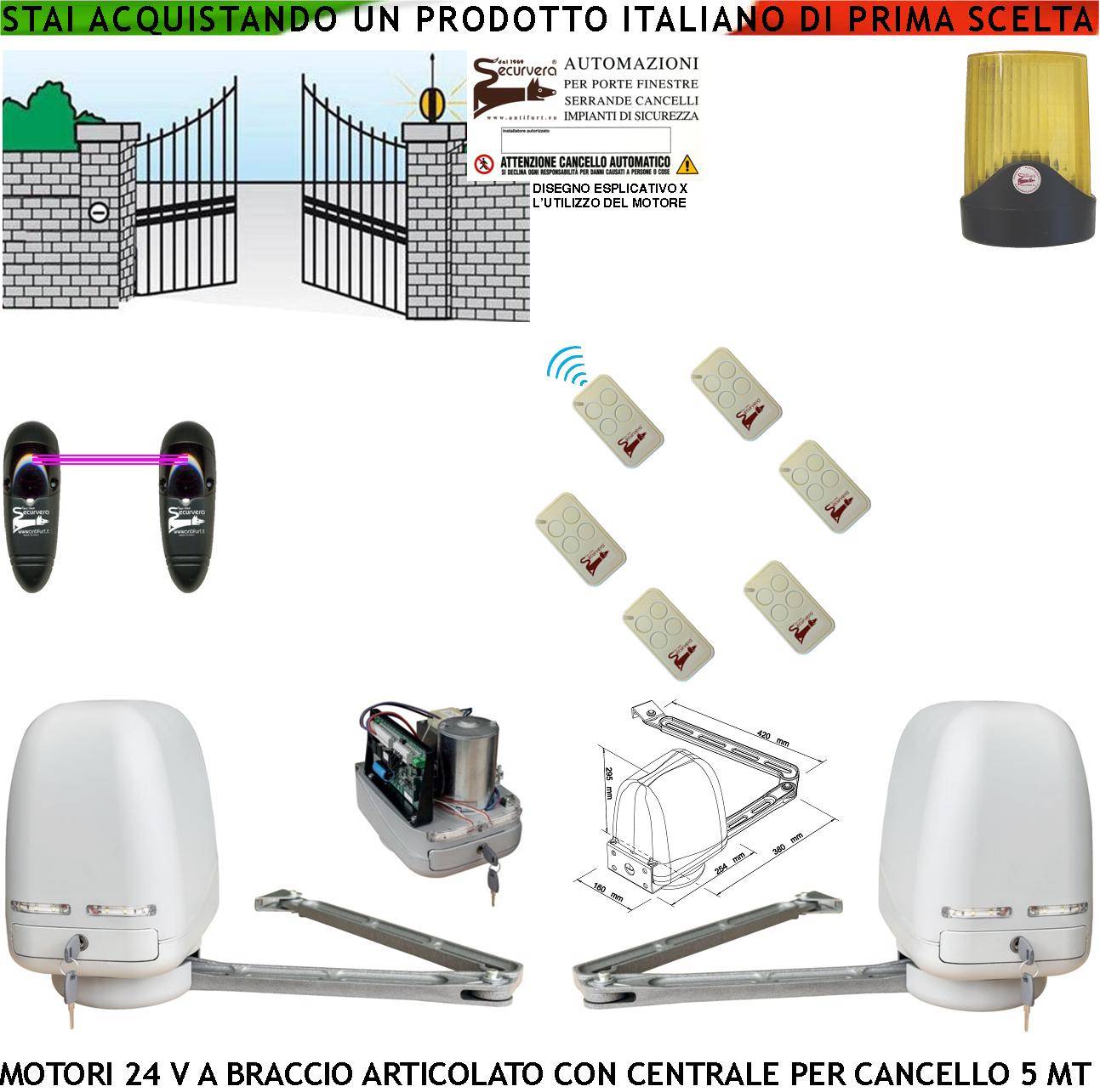 Cancello Automatico Kit Motori a Braccio Articolato 24 V 2 Ante da 0,5 a 2,5 MT Centrale 220/24 V 6 Radiocomandi Faro-0
