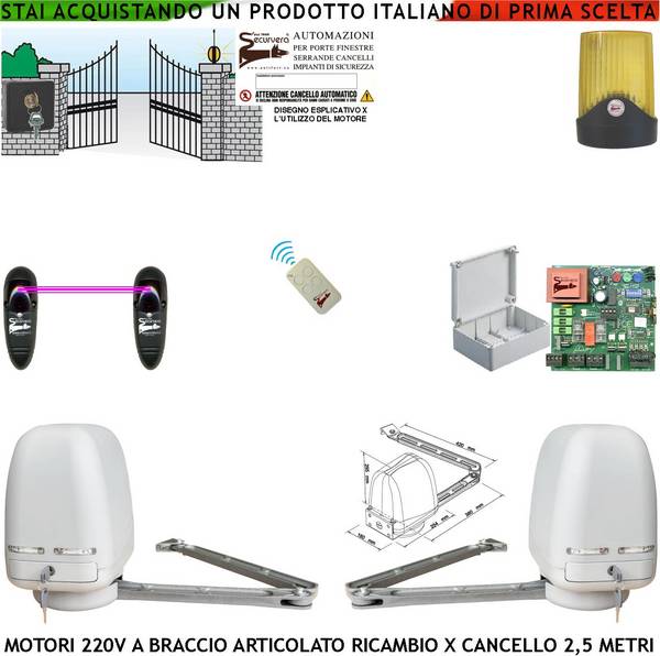 Apricancello 2 Motori Braccio Snodato Articolato 220 V Cancello Automatico 5 MT 2 Ante da 0,5 Fino a 2,5 Metri Central