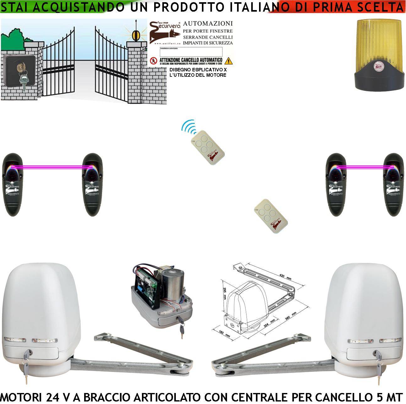Cancello Automatico Kit Motori a Braccio Articolato 24 V 2 Ante da 0,5 a 2,5 MT Centrale 220/24 V Selettore 2 Radiocom-0