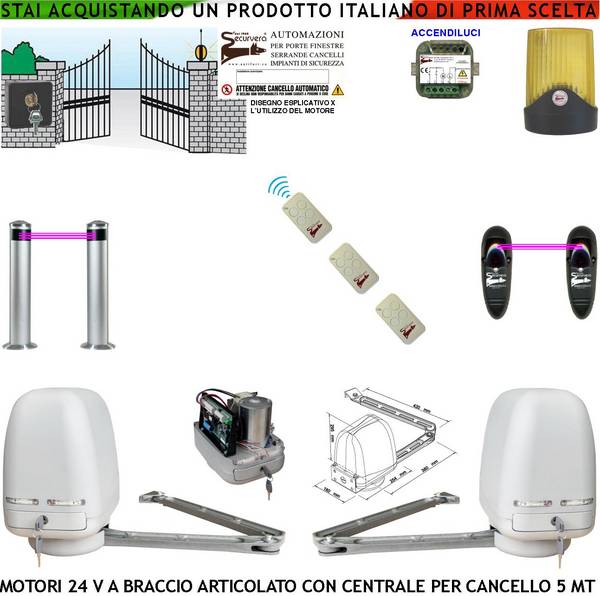 Automatismo Cancello Kit Motori Braccio Articolato 24 V 2 Ante da 1 a 2,5 MT Centrale 220/24 V 3 Radiocomandi Selettor