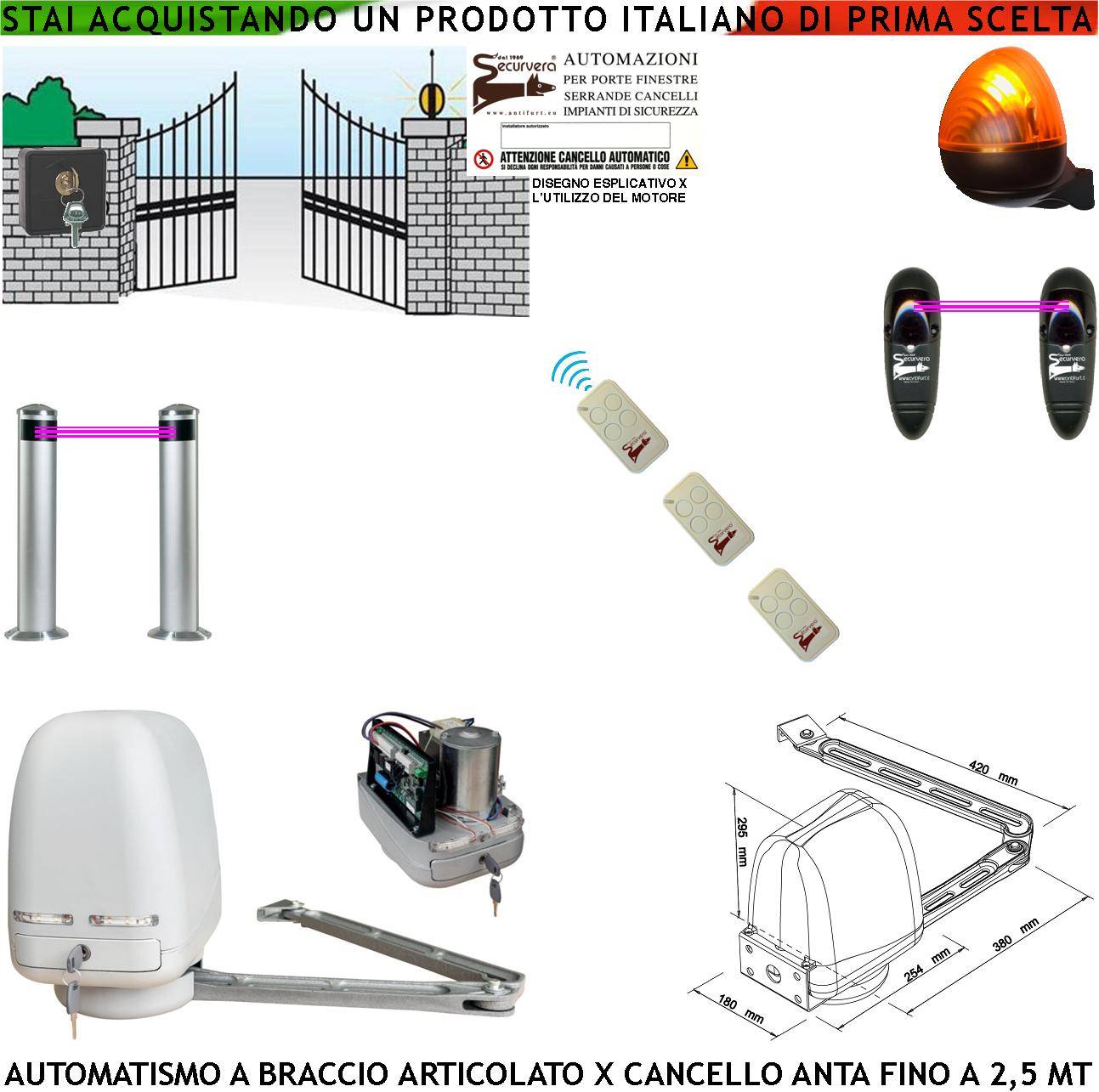 Automazione Cancello Kit Motore a Braccio Articolato 220/24 V Anta da 0,5 a 2,5 MT Centrale 3 Radiocomandi Faro Selett-0