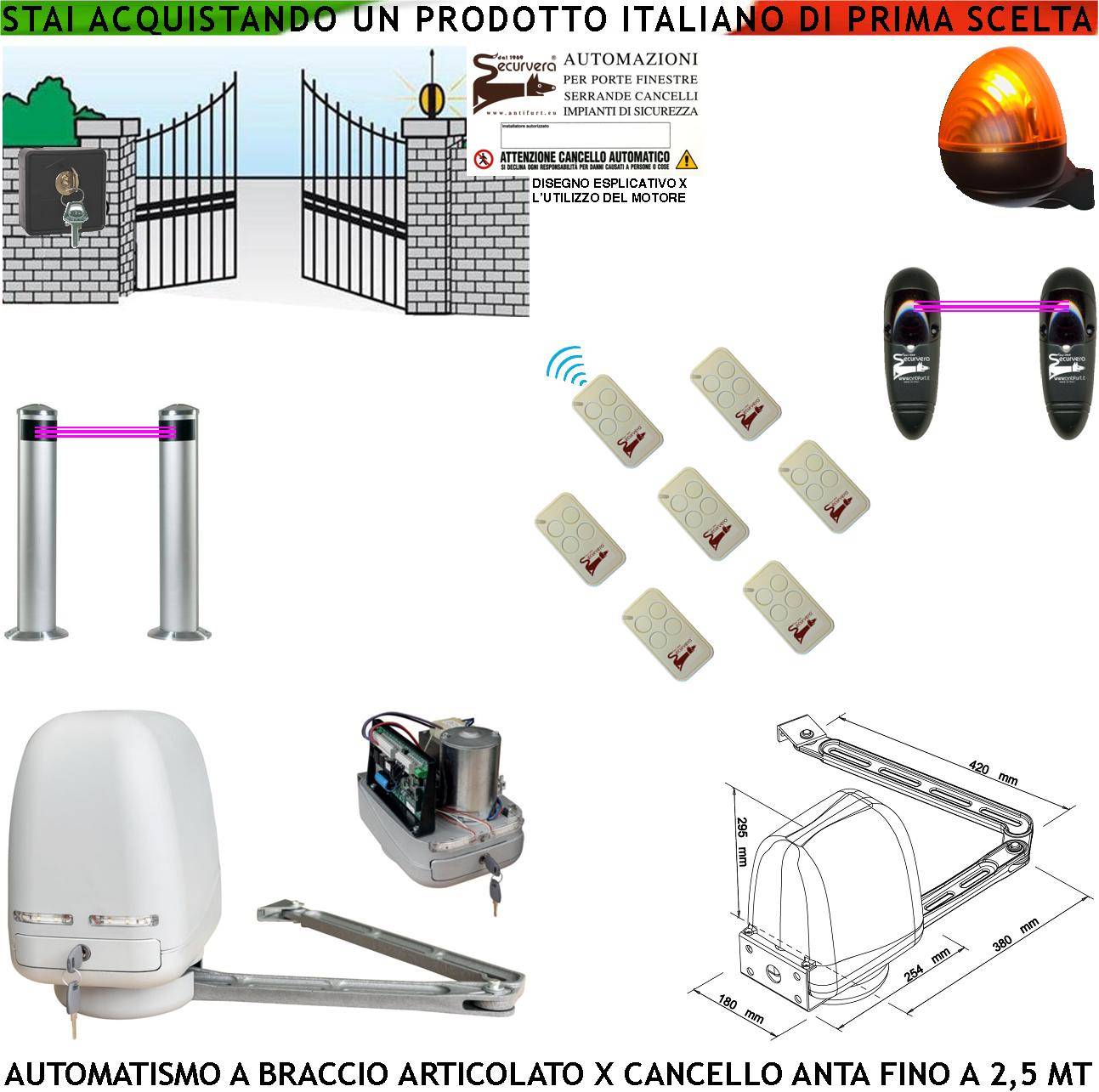 Kit Motore a Braccio Articolato 220/24 V Cancello Automatico Anta da 0,5 a 2,5 MT Centrale 7 Radiocomandi Faro Seletto-0