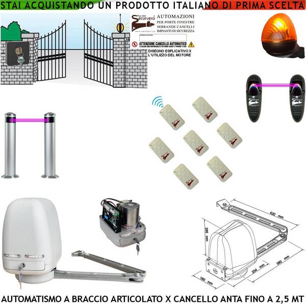 Kit Motore a Braccio Articolato 220/24 V Cancello Automatico Anta da 0,5 a 2,5 MT Centrale 7 Radiocomandi Faro Seletto