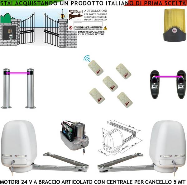 Cancello Automatico Kit Motori a Braccio Articolato 24 V 2 Ante da 0,5 a 2,5 MT Centrale 220/24 V Selettore 5 Radiocom