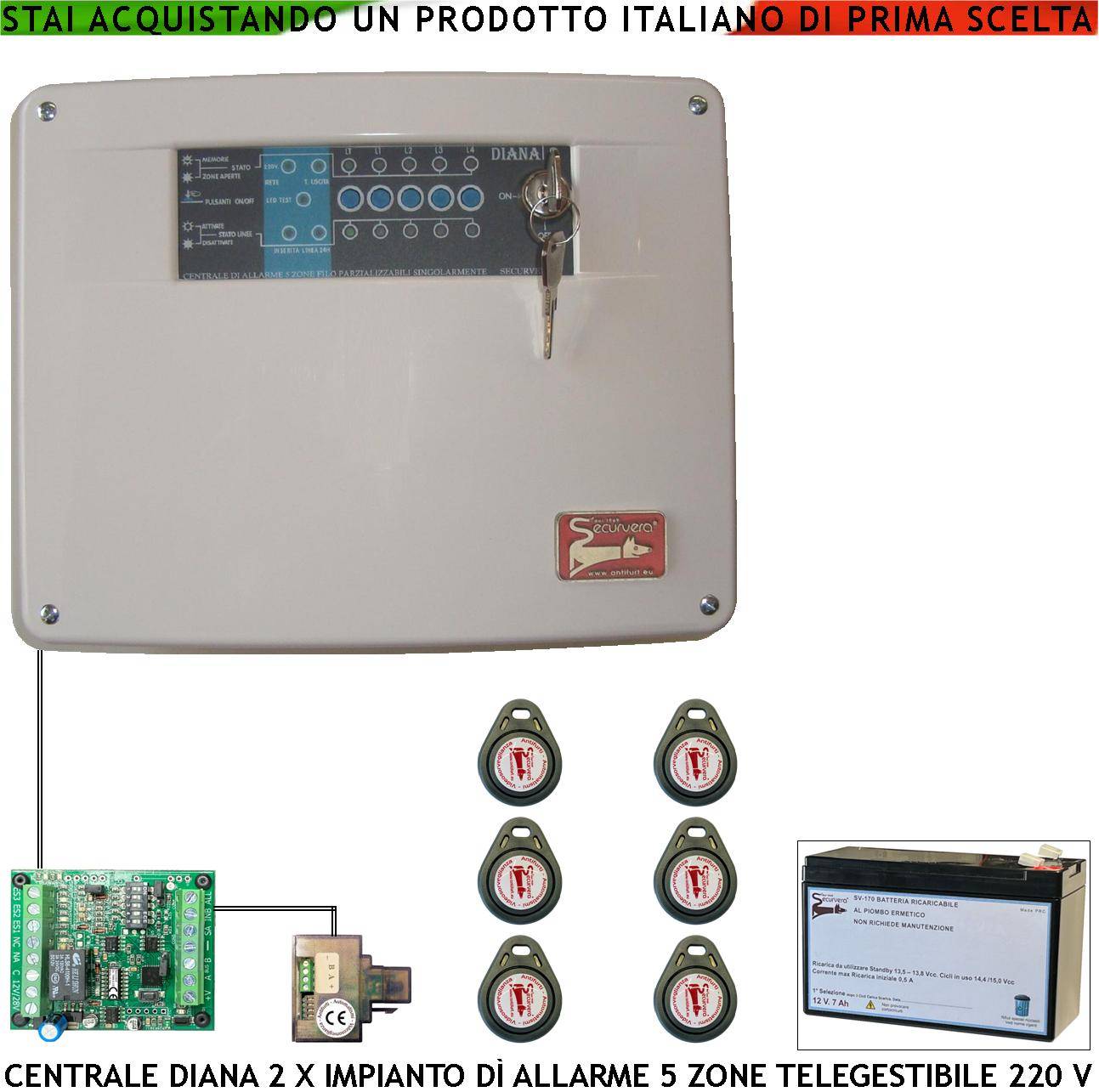 Diana Centrale 5 Zone Allarme 6 Chiavi TAG 2 Meccaniche Batteria 12 V 7 Ah per Impianto Antifurto Filare. Gestisce Sen-0