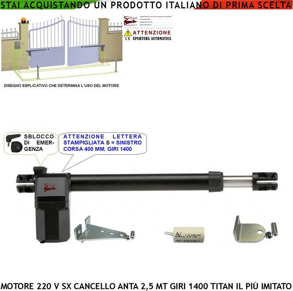 Kit BOB Automazione Cancello 4,2 Metri 2 Ante Motori Elettromeccanici 230 V Corsa 325 mm Spinta 1800 Nm Sblocco a Chiv