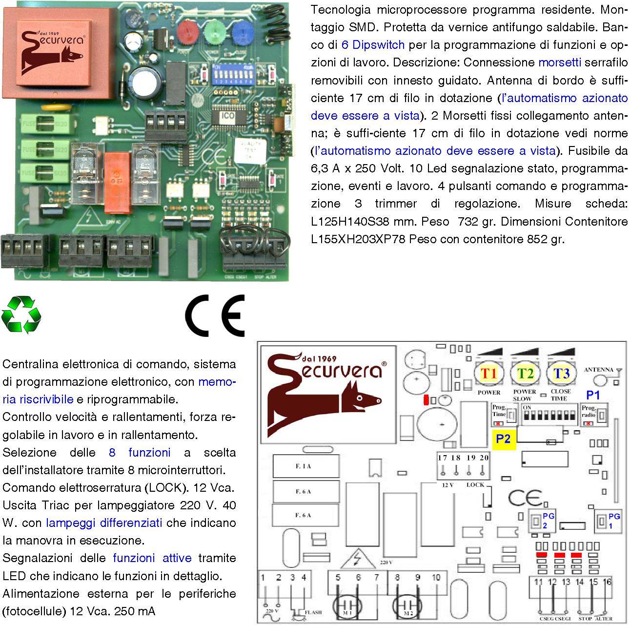 Scheda Cancello 2 Ante Battente 220 V 50 Hz Contenitore IP55 Incorpora Ricevente 433,92 MHz 1 Radiocomando 4 Canali Ap-1
