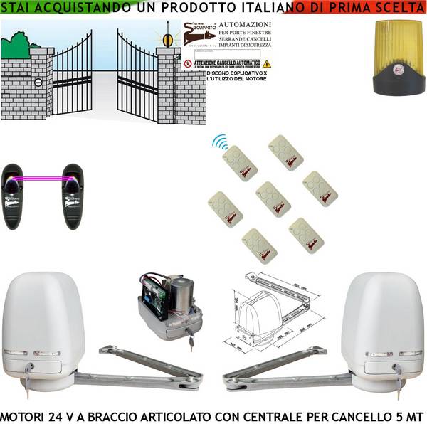 Kit 2 Motori a Braccio Articolato 24 V Cancello Automatico 2 Ante da 0,5 a 2,5 MT Centrale 220/24 V 7 Radiocomandi Far